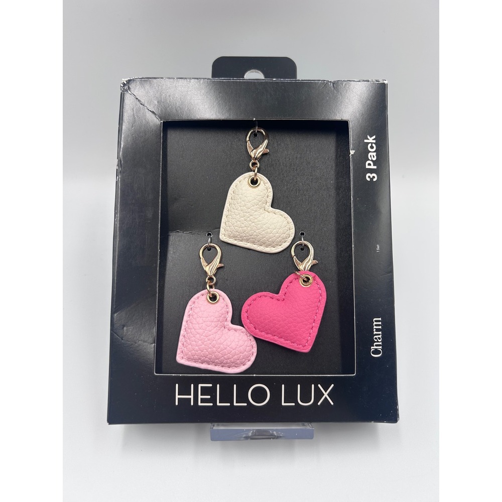 Hello Lux 3 Pack Heart Shaped PU Leather Bag Charms Pink White Gold Tone Clasp